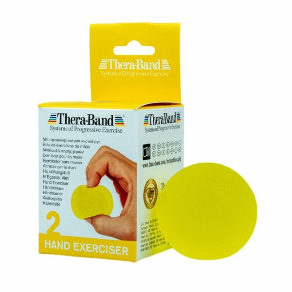 Žltý TheraBand Hand Exerciser – mäkký odpor pre rehabilitáciu rúk